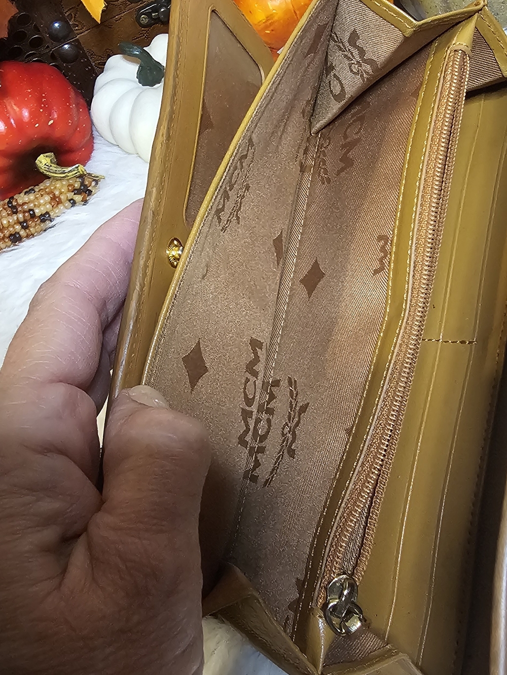 MCM Cognac Logo Wallet with Light Blue and White Stripe - Picture 13 of 16